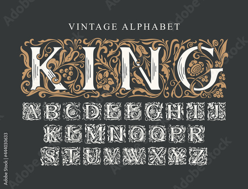 The word KING. Luxury design of ornate royal typeface for monogram, card, invitation, logo, label, signboard. Vintage Alphabet. Vector set of hand-drawn initial alphabet letters on a black background