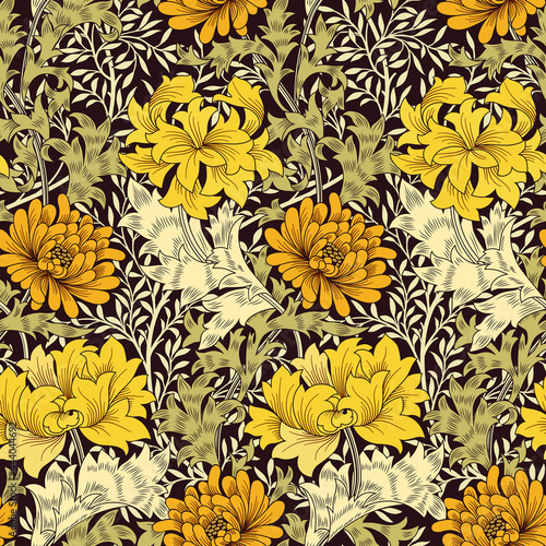 Floral seamless pattern with big golden flowers and foliage on dark background. Vector illustration.