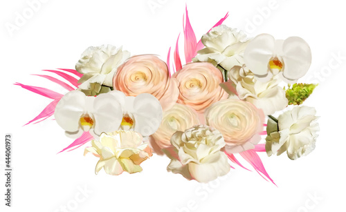 Bouquet of roses white wedding invitations isolated rose orchid ranunculus palm