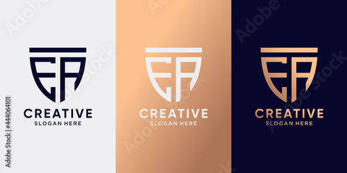 Creative monogram shield logo design initial letter EA with line art style. Logo icon for business company and personal