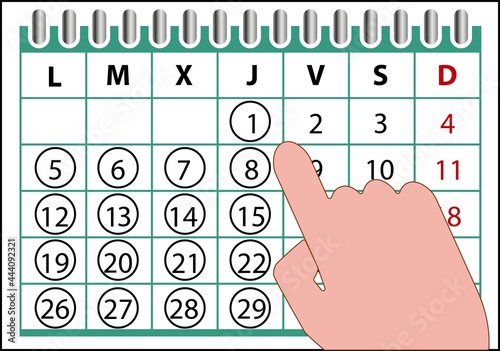 Hoja de calendario con anillas con semana laborable de 4 días rodeados por un círculo y señalados por el dedo índice de la mano derecha