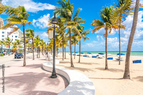 Seafront beach promenade with palm trees on a sunny day in Fort Lauderdale