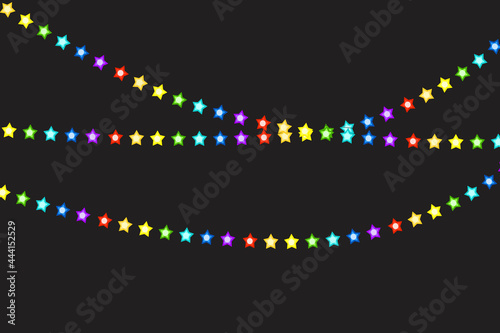 Colored garlands. Festive banner design. Night background. Holiday greeting card. Vector illustration. Stock image.