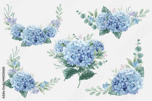 Beautiful watercolor floral bouquets with hydrangea flowers and eucalyptus branches