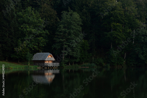Yellow wooden cabin by the lake surrounded with tall coniferous trees, dark and moody with reflection in water