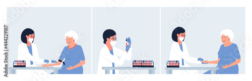 Taking blood from a finger and vein for analysis in an elderly woman. Capillary blood sampling from a finger using a lancet. A nurse takes blood from a vein for analysis. Flat vector illustration.