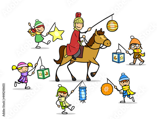 Kinder beim Martinszug um Sankt Martin auf Pferd