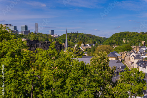Panoramic view of Luxembourg-City with medieval houses in the lower city, trees, and Kirchberg skyline in the background