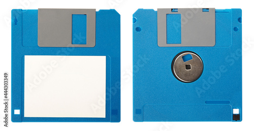 Blue floppy disk front and back with blank label isolated on white background, clipping path