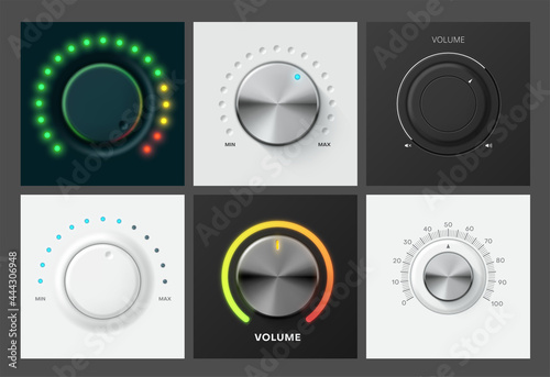 3d realistic black and white metallic volume control knob set vector neon indicator template