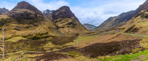 A panorama view along the road through Glencoe, Scotland on a summers day
