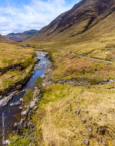An aerial panorama view along the River Etive near to Glencoe, Scotland on a summers day