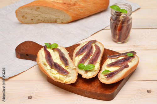 baguette, butter and anchovy sandwiches