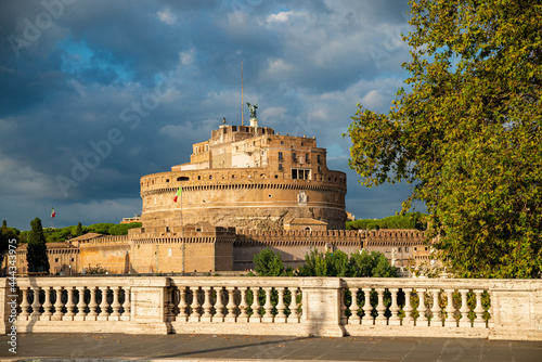 Rome Panorama of Castel Sant'Angelo, Hadrian's Mausoleum, near the Vatican, from one of its bridges over the Tiber on an autumn day, with blue sky after a thunderstorm, Vatican, Rome, Italy.