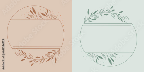 Okrągłe ramki z wzorem roślinnym w prostym minimalistycznym stylu. Jasne pastelowe szablony z listkami - zaproszenia ślubne, życzenia, planer, tło dla social media stories.