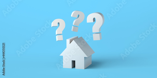 House with question marks on to . Real estate market. 3d illustration. Background. Banner. 