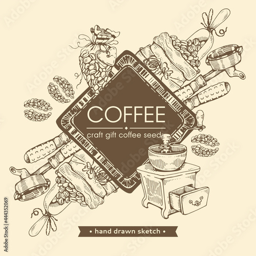 Picture of coffee tools and drinks. Coffee seeds, craft.