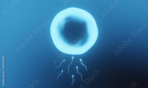 3D Blue microscopic sperm and egg cell.