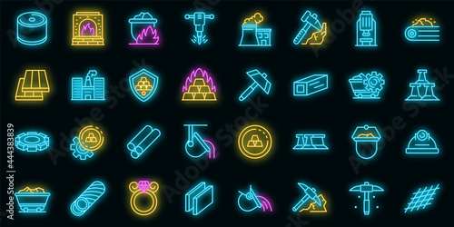 Metallurgy icons set. Outline set of metallurgy vector icons neon color on black