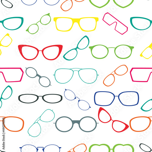 Colorful glasses frame seamless pattern background. Great for eyewear themed fabric, wallpaper, packaging.