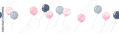 Horizontal frame with cute balloons. Pink, gray and black balloons. Watercolor illustration. Cute border.