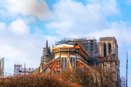 Notre Dame Cathedral in Paris during Reconstruction . Rebuild of iconic Gothic church