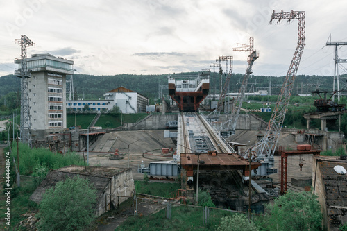 View of the platform of the ship lift. Industrial background.
