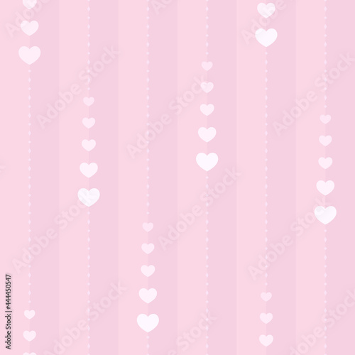 Seamless pink background with vertical dotted stripes, heart shapes and rhombuses. Flat and minimal Valentine's Day backdrop. Vector Illustration.