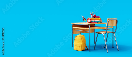 School desk with school accessory and yellow backpack on blue background 3D Rendering, 3D Illustration