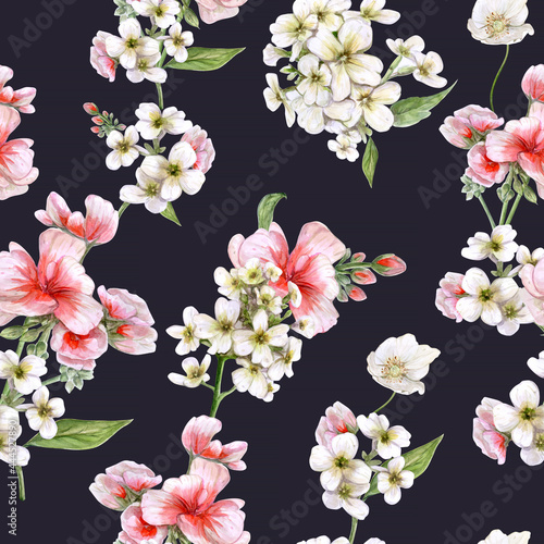 Vintage watercolor spring, summer flowers on dark background. Seamless pattern for textile print or wallpaper design, invitations for wedding, card design. Romantic vintage mood.