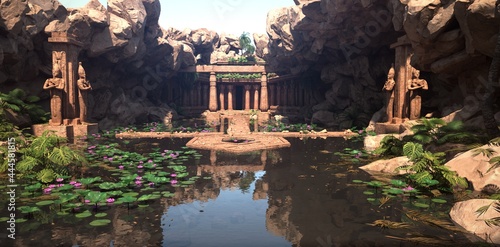 A pond with green vegetation in an old sacred temple. Bright sunny day. Beautiful authentic landscape. Photorealitic 3D illustration.