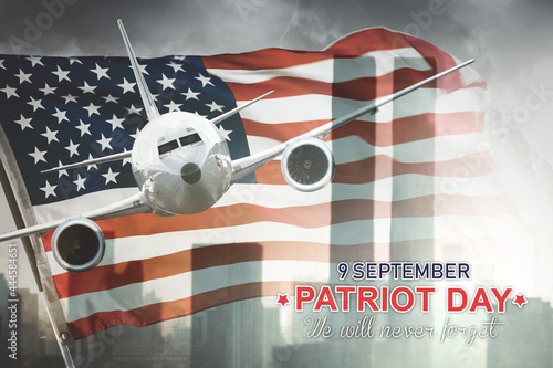 Airplane with American flag and Patriot day text