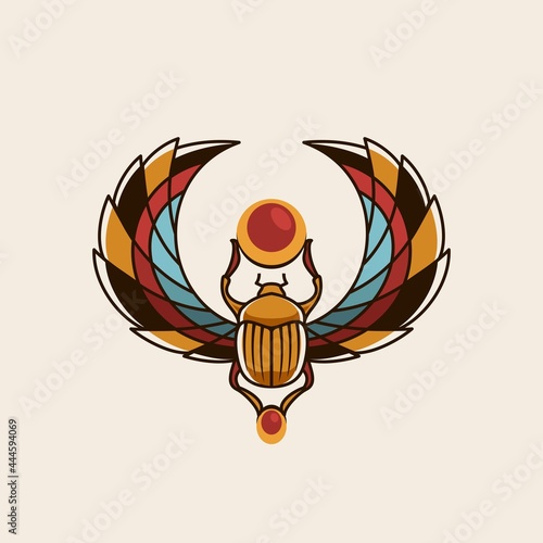 Egyptian scarab and wings vintage Illustration. Ancient Egypt art. traditional Color tattoo design. Magic symbol of pharaoh, gods Ra and sun. Historical art, t-shirt design artwork
