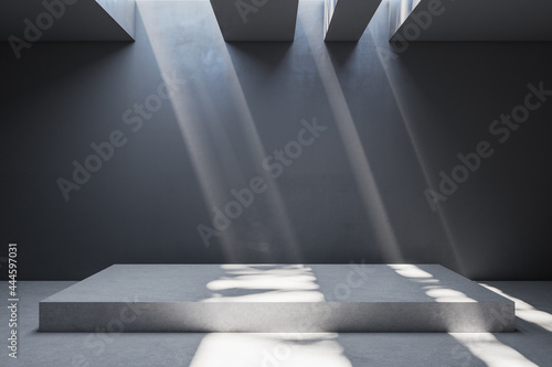 Dark grey concrete exhibition room interior with podium and empty mockup place. Mock up, 3D Rendering.