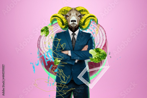 Modern design, a human body in a business suit with the head of a horned goat, boss. Bright trendy colors, shocking art, style for a magazine, fashionable web design. copy the space.