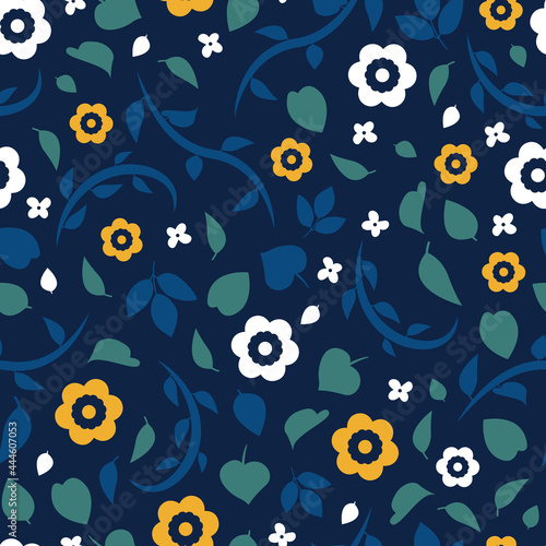 Flowy Scandi folk floral design. Vintage, bohemian, Scandinavian style illustrated flowers and leaves in navy, blue, green, yellow and white. Seamless vector repeat background texture pattern art.