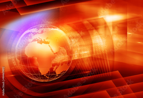 3D graphical colorful news background, an earth globe on a red background