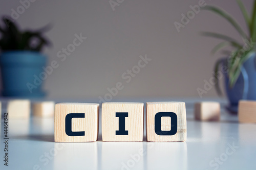 CIO written on wooden cubes - arranged in a vertical pyramid, grey and blur background, CIO - short for Chief Information Investment Officer, business concept