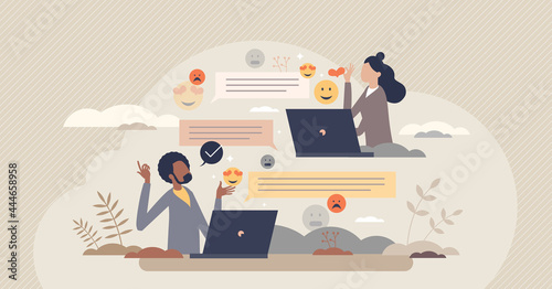 Digital communication etiquette and proper writing style tiny person concept. Social standard for reactions and emotions in computer or phone messages vector illustration. Symbolic feeling expression.