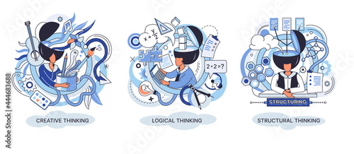 Creative thinking. People with different mental mindset types or model creative. Imaginative logical and structural thinking. MBTI person metaphor. Mind behavior concept. Brain think people solve idea