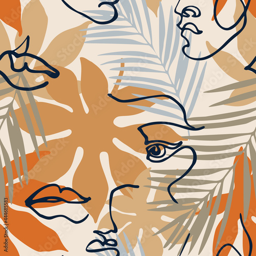 Modern continuous line art faces, tropical leaves seamless pattern.