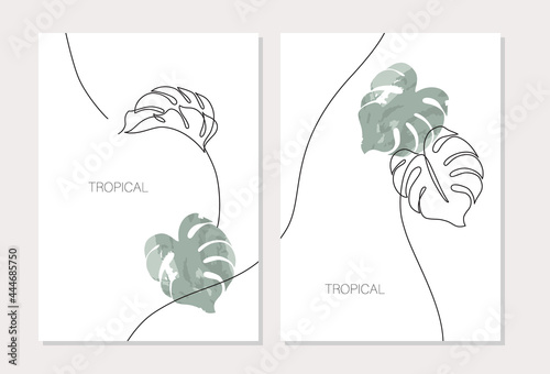 Abstract minimal monstera leaves posters set in one line drawing, watercolor style.