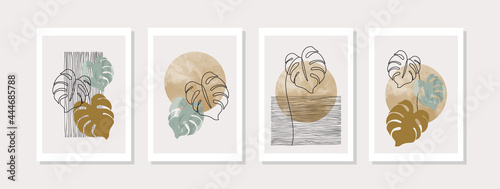 Abstract geometric shapes, monstera plant poster set in mid century style.