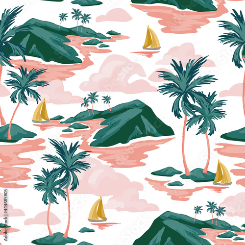 Tropics background with sailing boats, exotic islands, palm trees silhouettes, ocean sea waves texture.