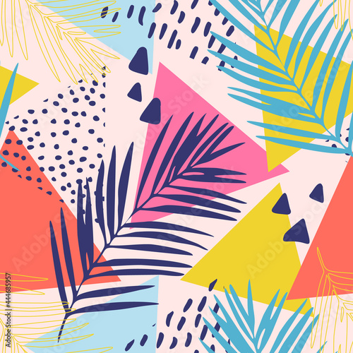 Floral and geometric background with triangles, palm leaves, doodle, minimal texture, 80s 90s shapes, pop art, memphis elements.