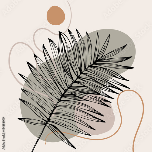 Abstract minimal background: hand drawn tropical leaf silhouette, geometric shapes, curved lines