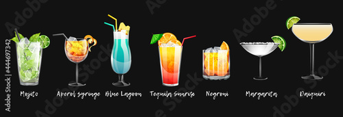 Set of alcoholic cocktails and non-alcoholic cocktails on a black background. Vector illustration