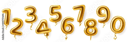 Golden number balloons. Realistic metal air party decor. Anniversary celebration numeral shapes from zero to nine. 3D festive events greeting inflatable metallic figures, vector set