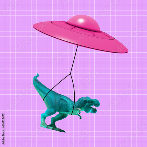 Contemporary art collage, modern design. Modern express delivery. Pink flying saucer delivering toy dinosaur.