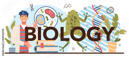 Biology typographic header. Students exploring nature and living organism
